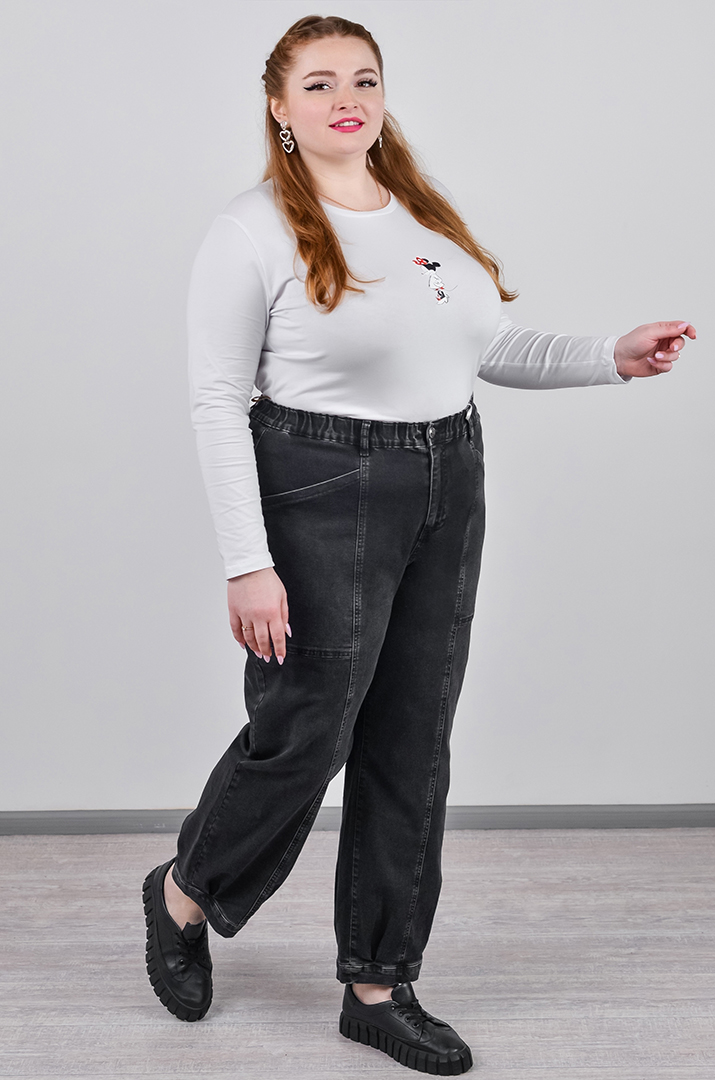 Джинси банани в графітовому кольорі з декоративними швами великих розмірів