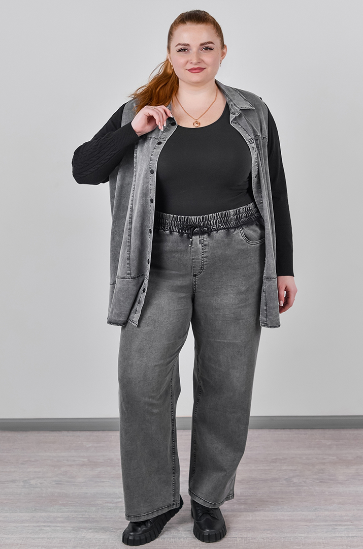 Джинсы широкие с поясом на резинке и шнурком больших размеров