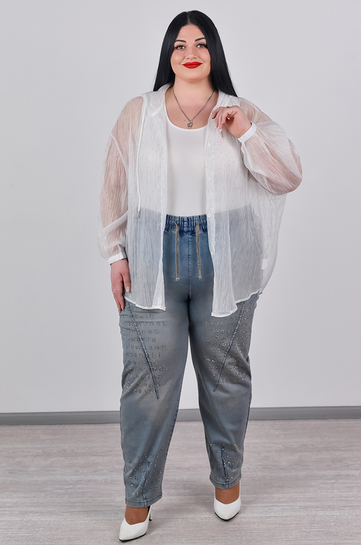 Джинсы бананы голубые с декоративной отделкой больших размеров