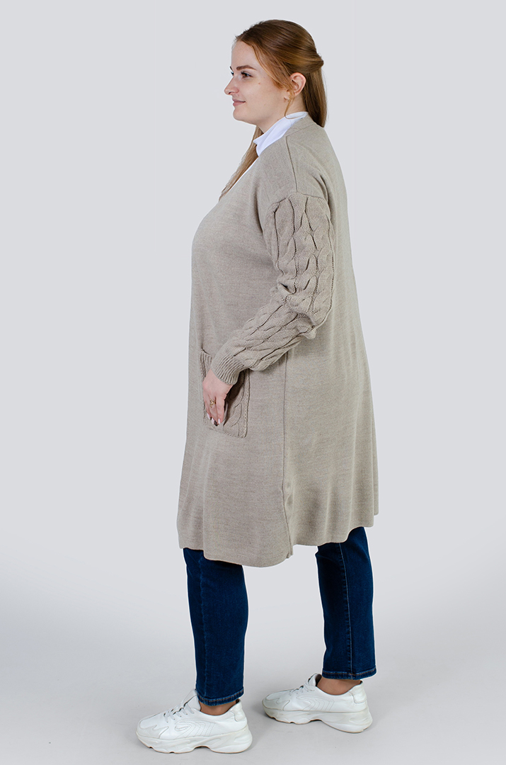 Кардиган довгий в'язаний з текстурними рукавами і кишенями супер батал