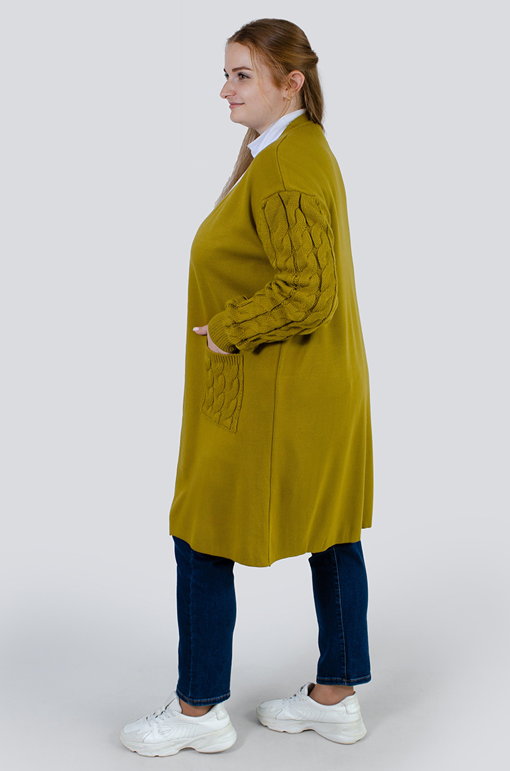 Кардиган довгий в'язаний з текстурними рукавами і кишенями супер батал