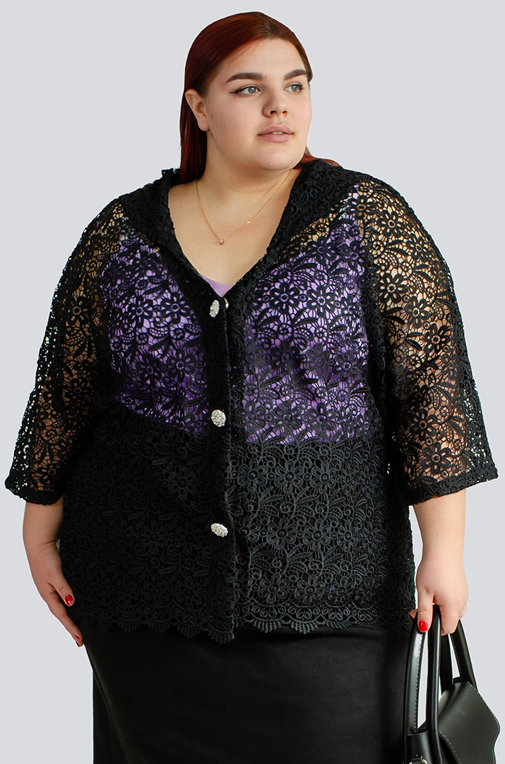 Кружевной короткий кардиган с капюшоном больших размеров