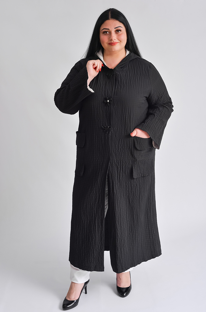 Кардиган довгий жатий з прикрасами і капюшоном великих розмірів