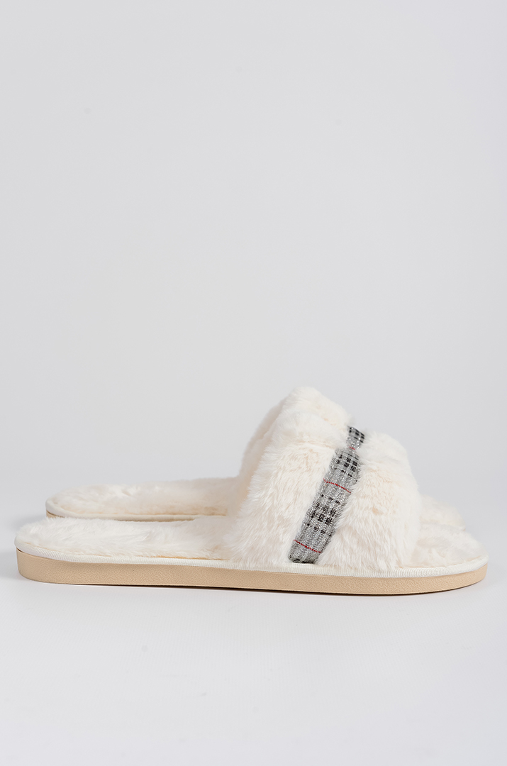 Капці з еко-хутра молочного кольору з декоративною стрічкою та блискітками великих розмірів