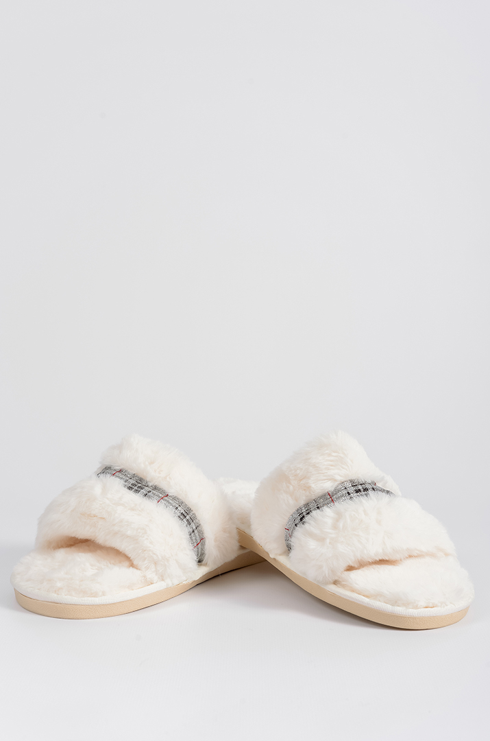 Капці з еко-хутра молочного кольору з декоративною стрічкою та блискітками великих розмірів