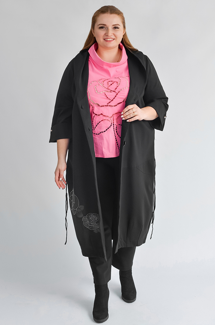 Черный длинный кардиган с цветочным декором и боковыми завязками больших размеров