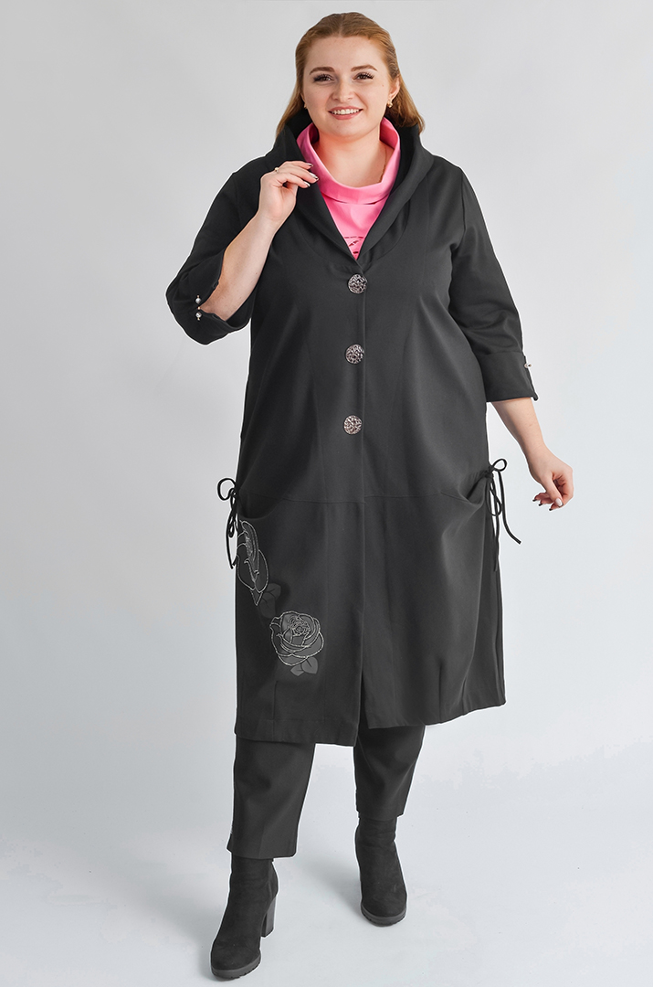 Черный длинный кардиган с цветочным декором и боковыми завязками больших размеров