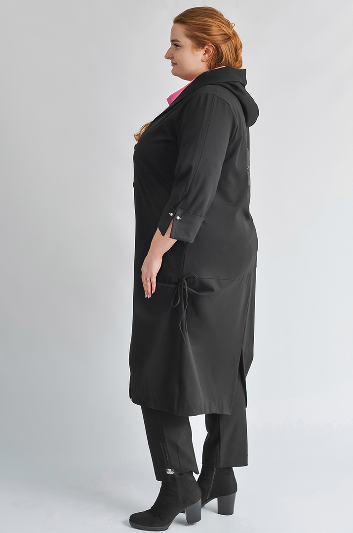 Черный длинный кардиган с цветочным декором и боковыми завязками больших размеров