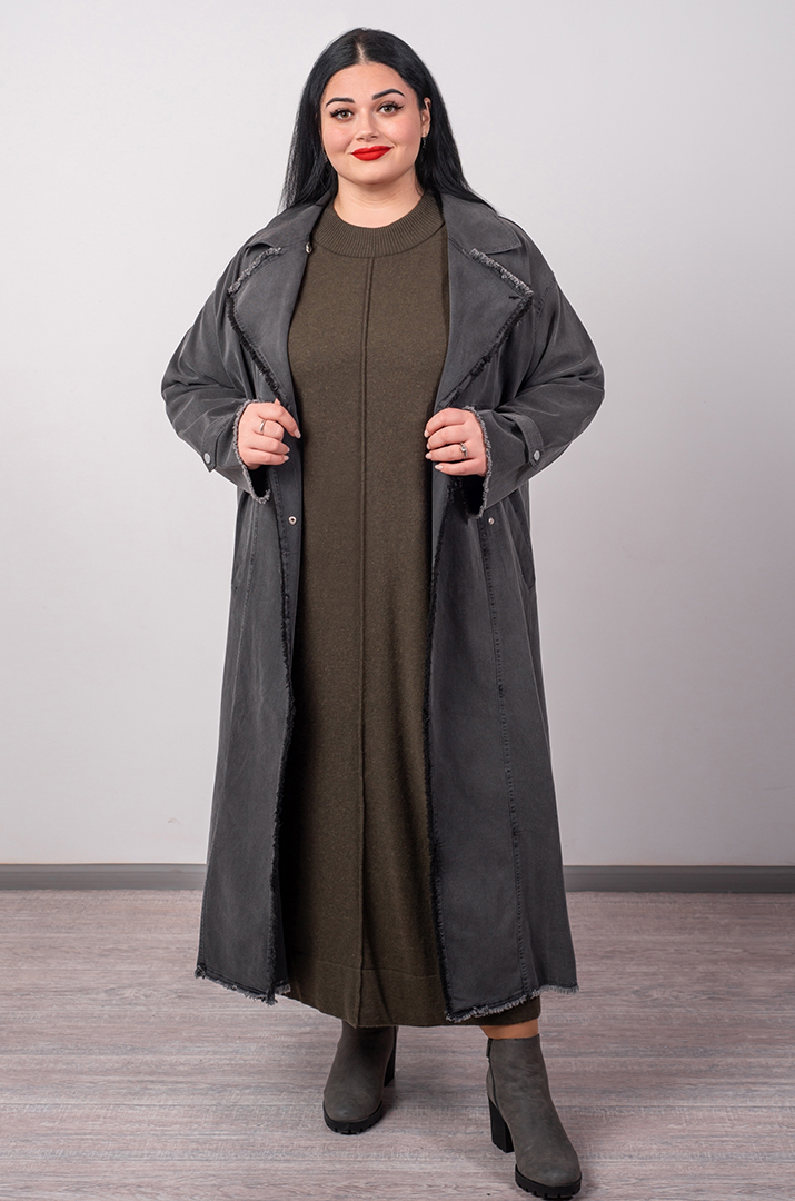 Кардиган довгий в графітовому кольорі з необробленим краєм великих розмірів