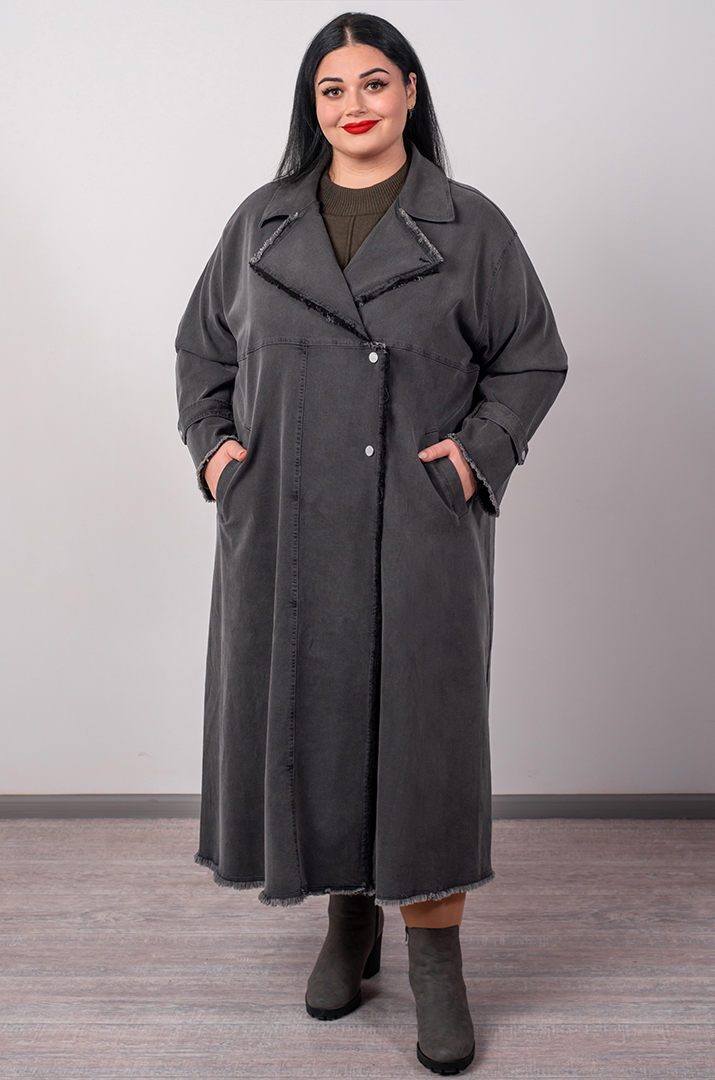 Кардиган довгий в графітовому кольорі з необробленим краєм великих розмірів