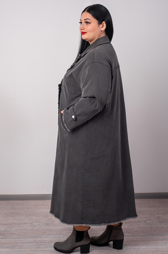 Кардиган довгий в графітовому кольорі з необробленим краєм великих розмірів