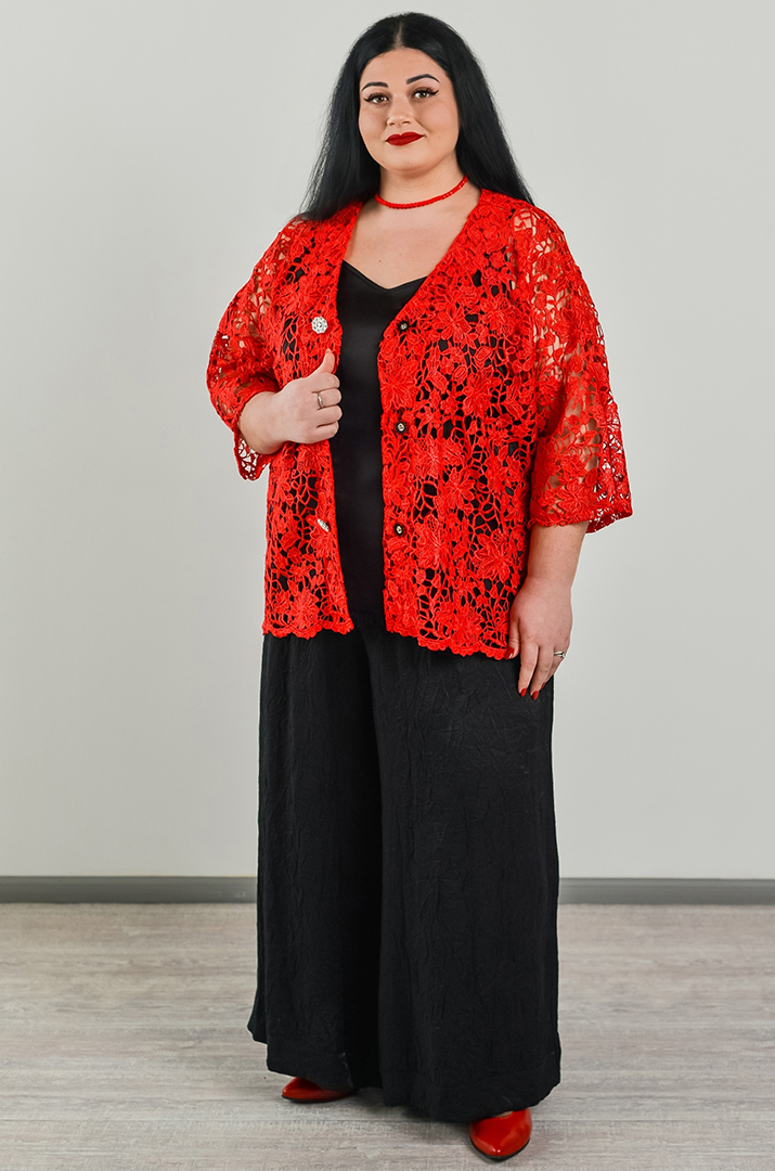 Кардиган короткий мереживний із флористичним орнаментом в кольорах великих розмірів