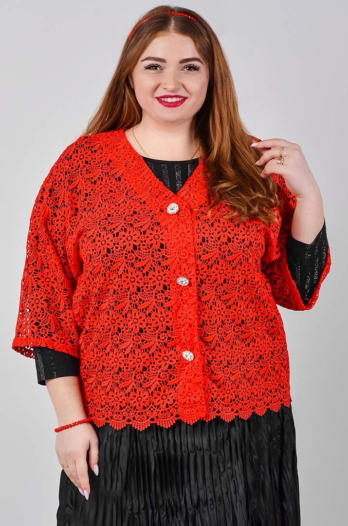 Кардиган короткий мереживний із флористичним орнаментом в кольорах великих розмірів