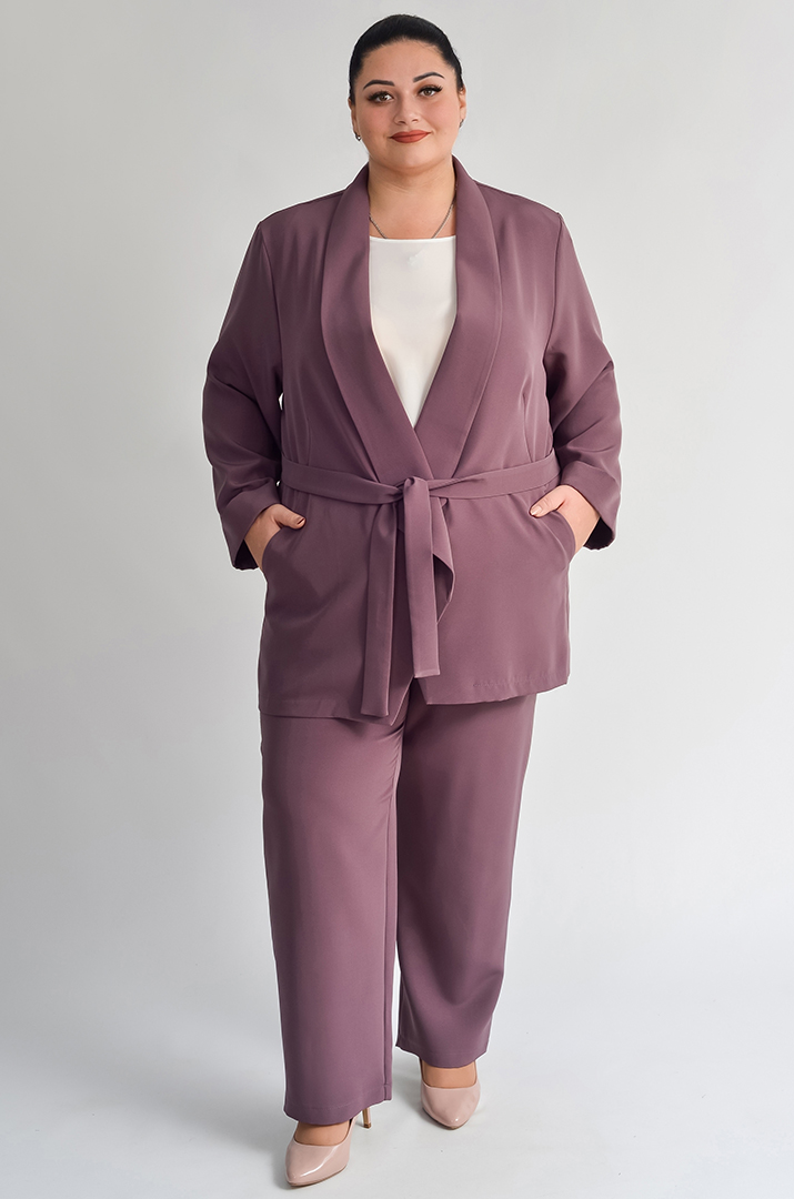 Костюм трійка однотонний жакет з поясом, блуза та брюки батал