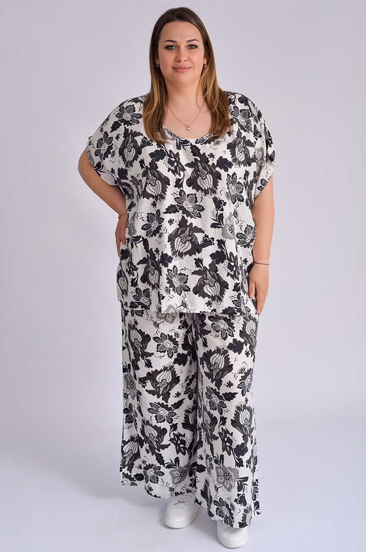 Лляний костюм з брюками у квітковий принт великих розмірів