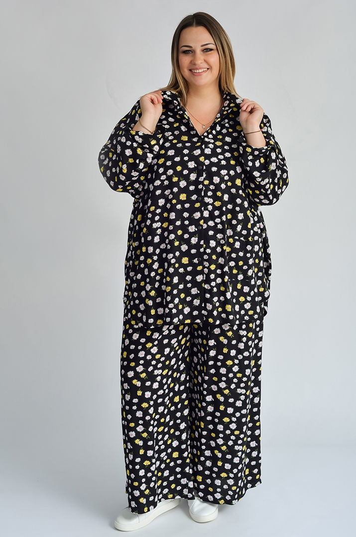 Костюм брючний в рослинний принт великих розмірів