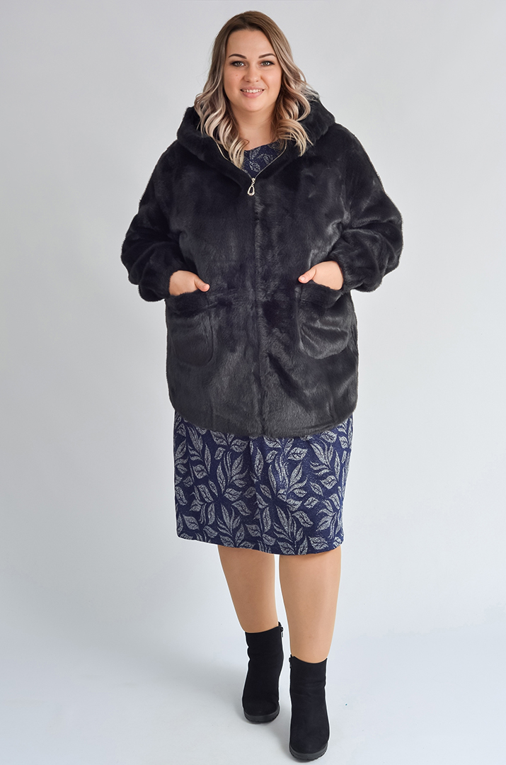 Шуба з екохутра прямого крою з капюшоном великих розмірів