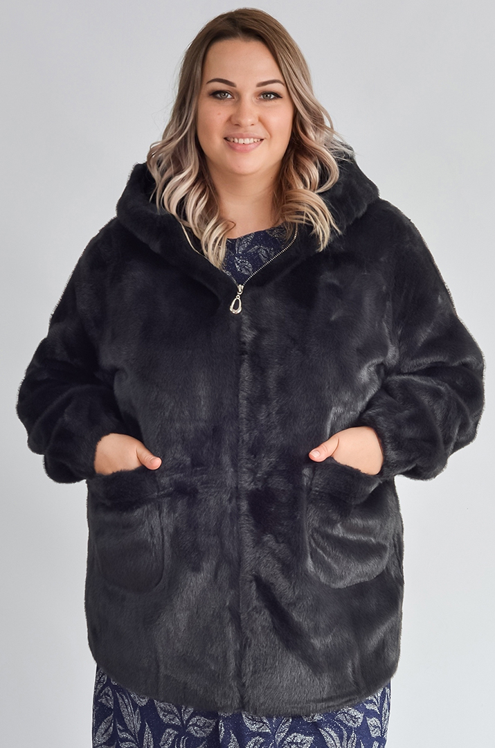 Шуба з екохутра прямого крою з капюшоном великих розмірів