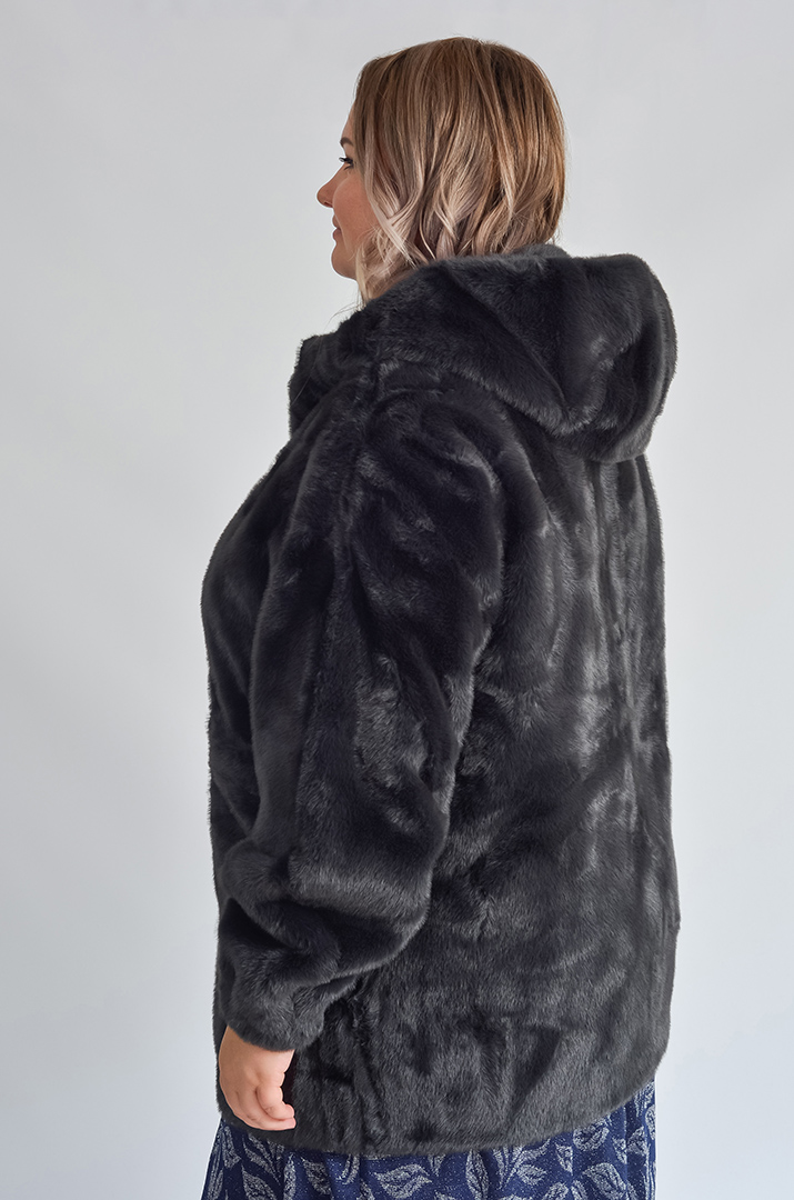 Шуба з екохутра прямого крою з капюшоном великих розмірів