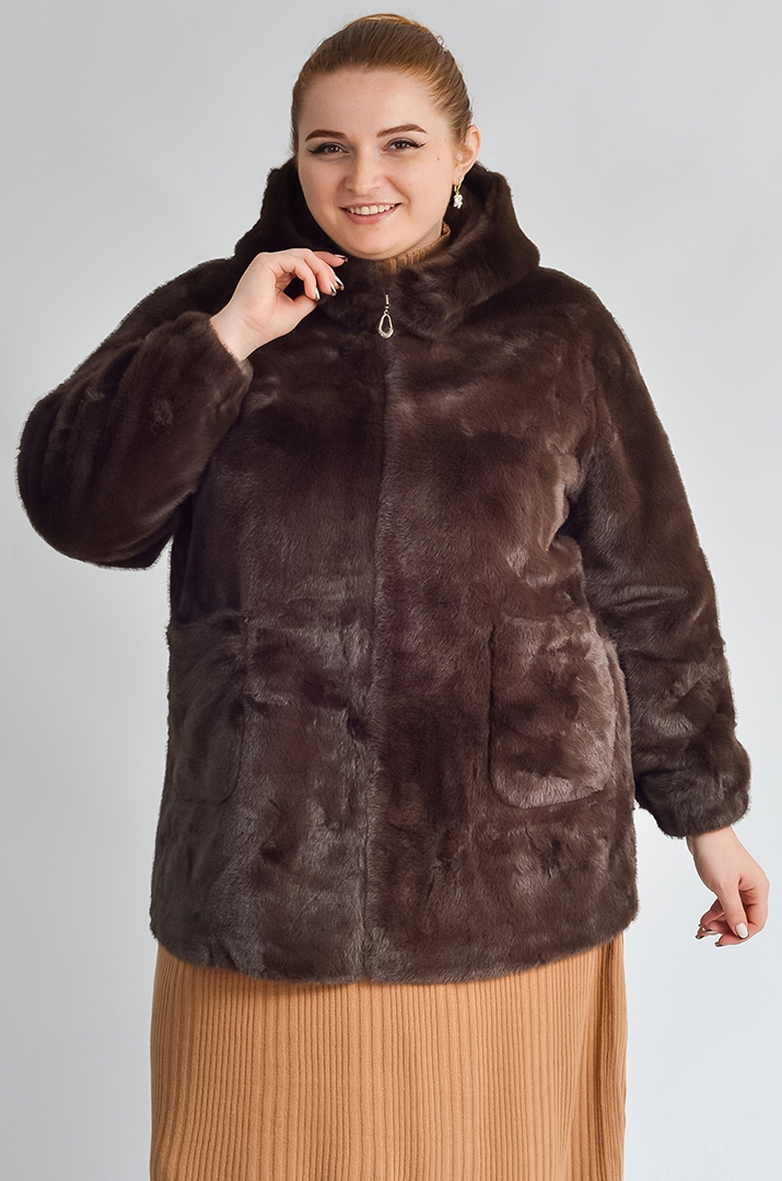 Шуба з екохутра прямого крою з капюшоном великих розмірів