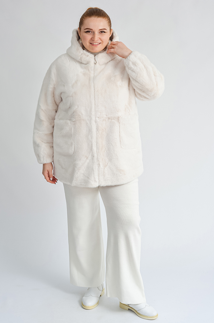 Шуба з екохутра прямого крою з капюшоном великих розмірів