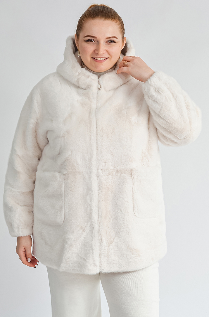 Шуба з екохутра прямого крою з капюшоном великих розмірів