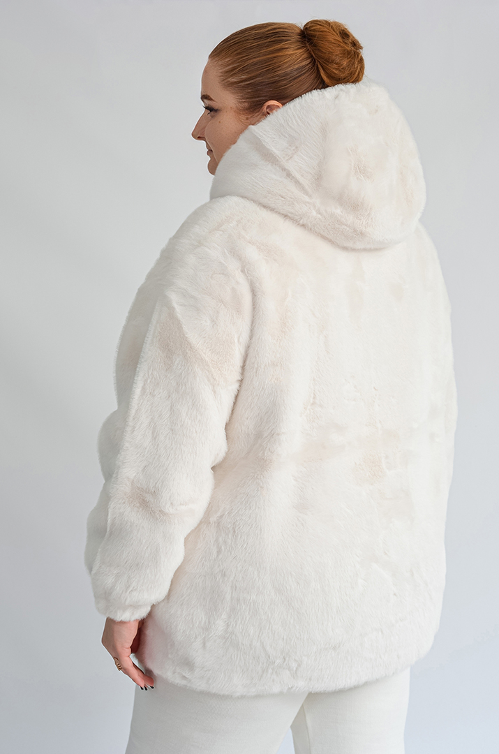 Шуба з екохутра прямого крою з капюшоном великих розмірів