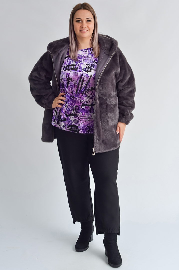 Шуба з екохутра прямого крою з капюшоном великих розмірів