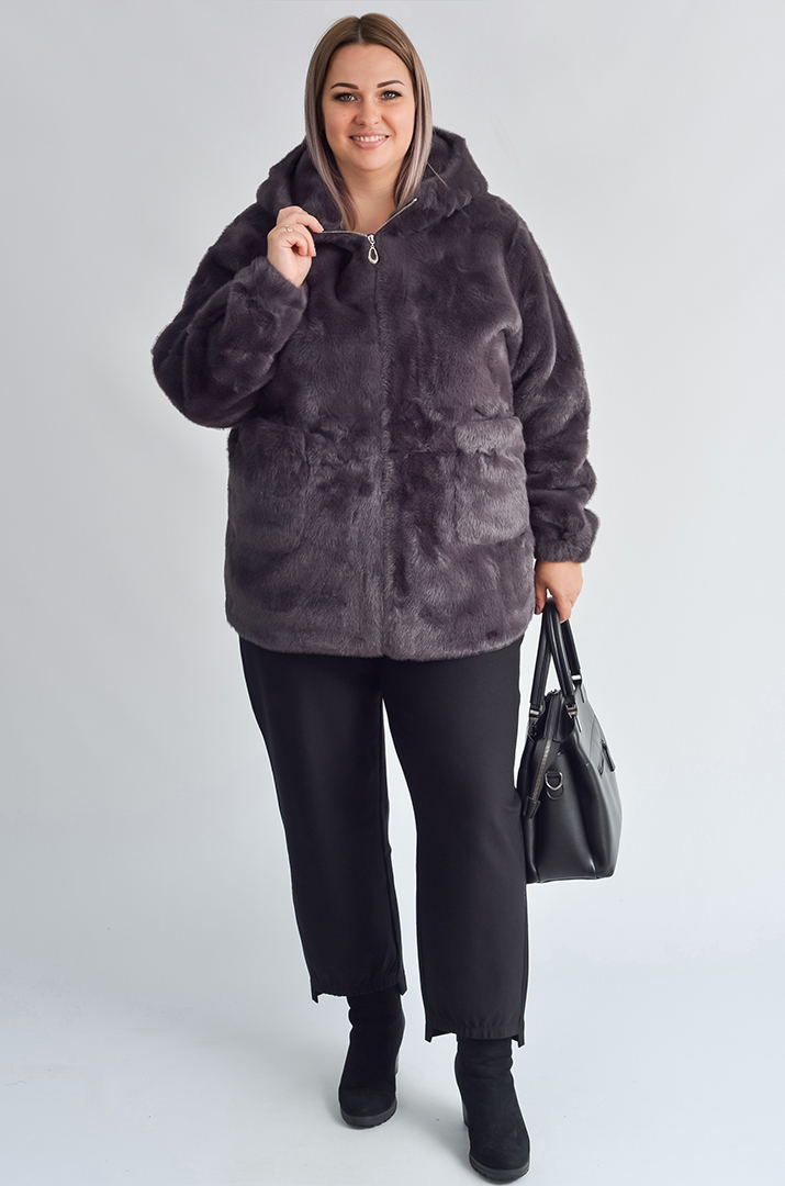 Шуба з екохутра прямого крою з капюшоном великих розмірів