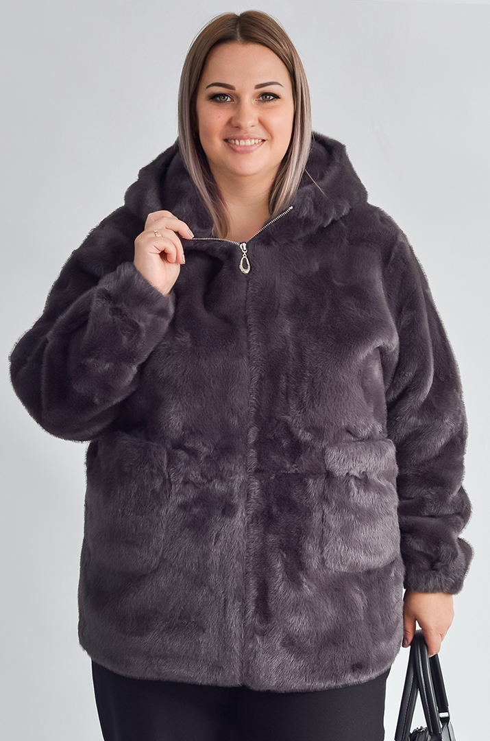 Шуба з екохутра прямого крою з капюшоном великих розмірів
