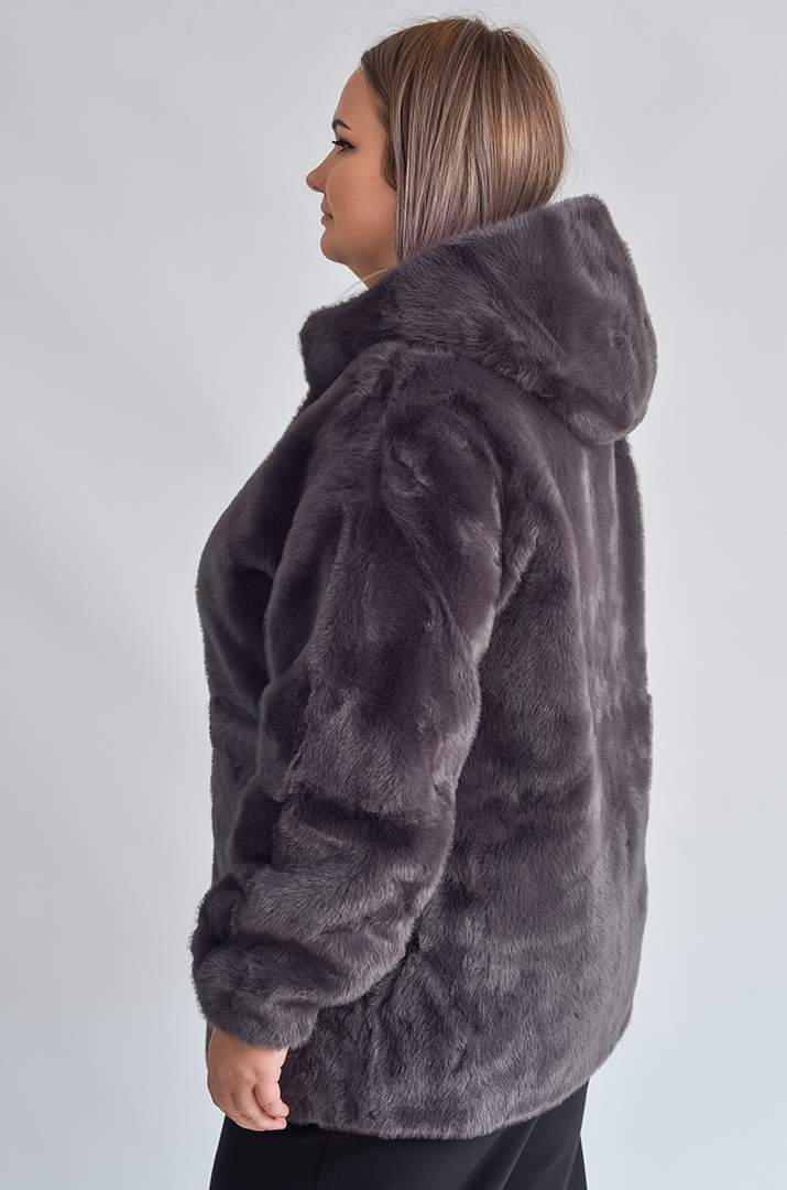 Шуба з екохутра прямого крою з капюшоном великих розмірів
