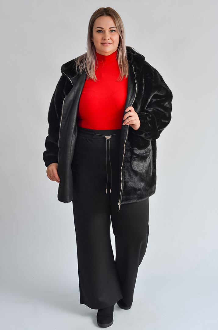 Шуба з екохутра прямого крою з капюшоном великих розмірів