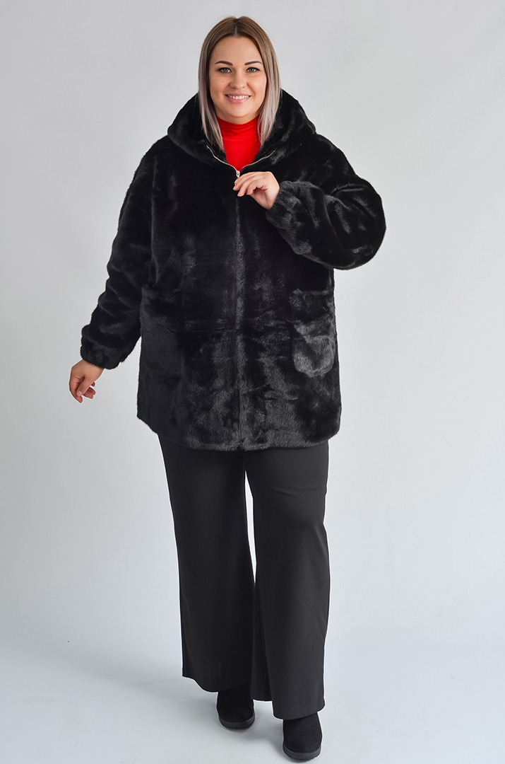 Шуба з екохутра прямого крою з капюшоном великих розмірів
