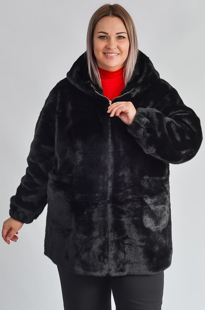 Шуба з екохутра прямого крою з капюшоном великих розмірів