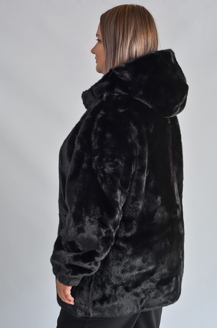 Шуба з екохутра прямого крою з капюшоном великих розмірів