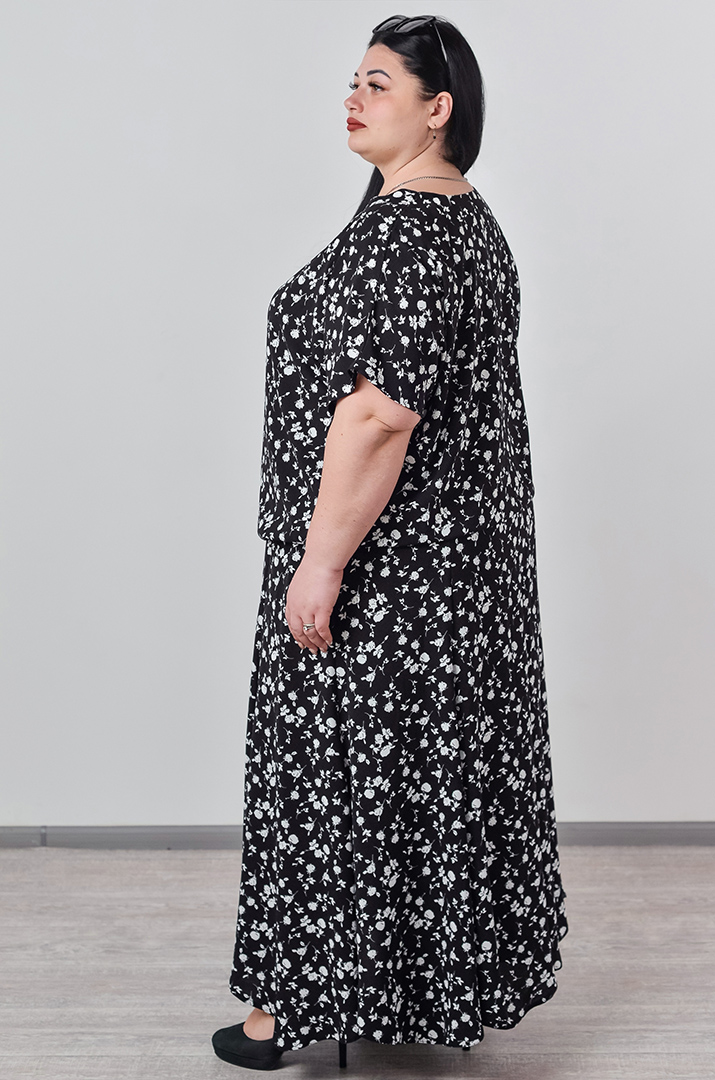 Костюм - спідниця з білим дрібним квітковим принтом великих розмірів