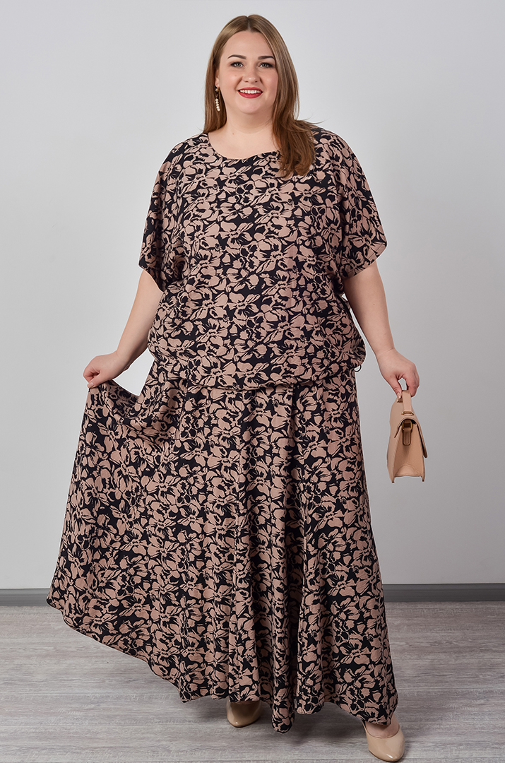 Костюм-юбка с цветочным принтом цвета мокко больших размеров