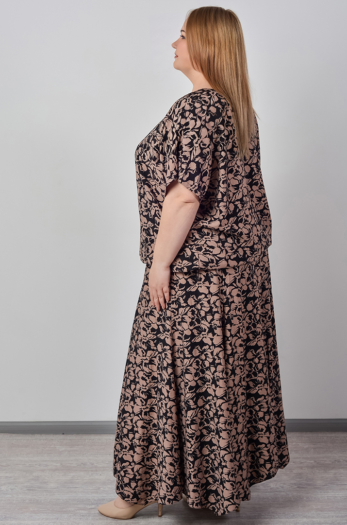 Костюм-юбка с цветочным принтом цвета мокко больших размеров