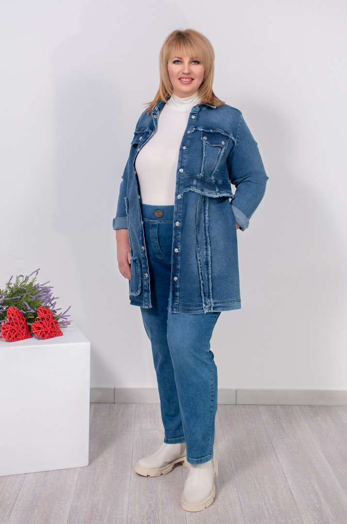 Джинсовая длинная куртка супер батал