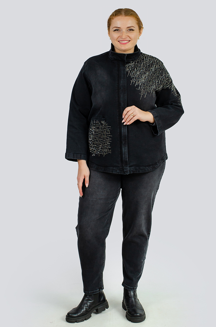 Куртка джинсова з блискавкою та стразами великих розмірів