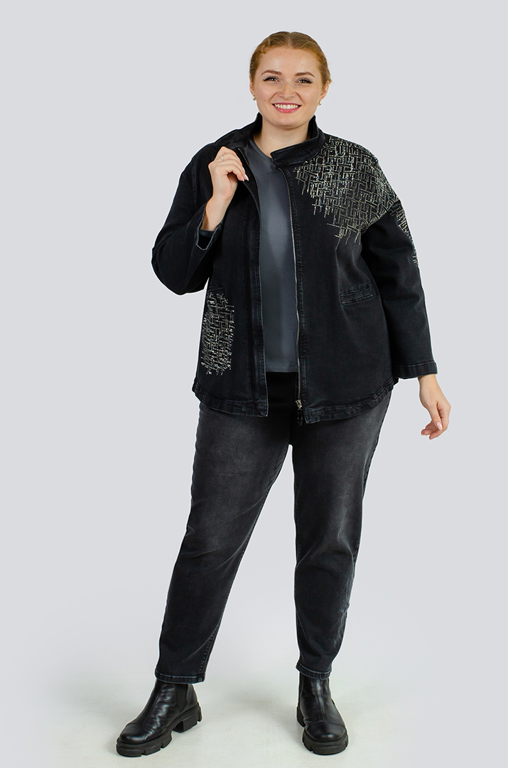 Куртка джинсова з блискавкою та стразами великих розмірів