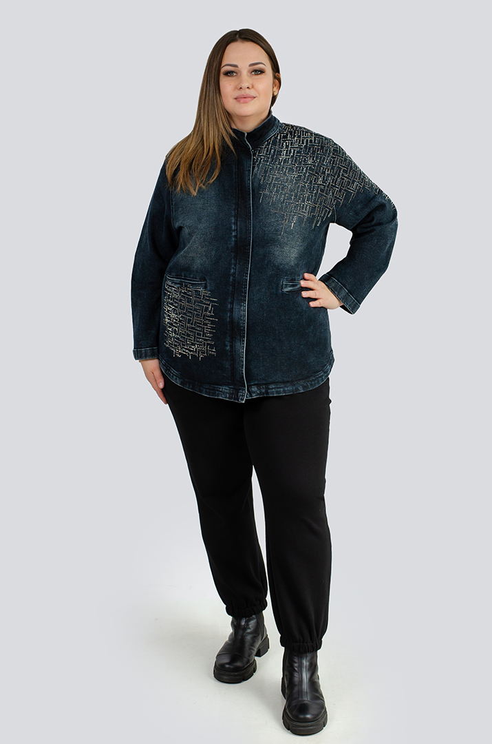 Куртка джинсова з блискавкою та стразами великих розмірів
