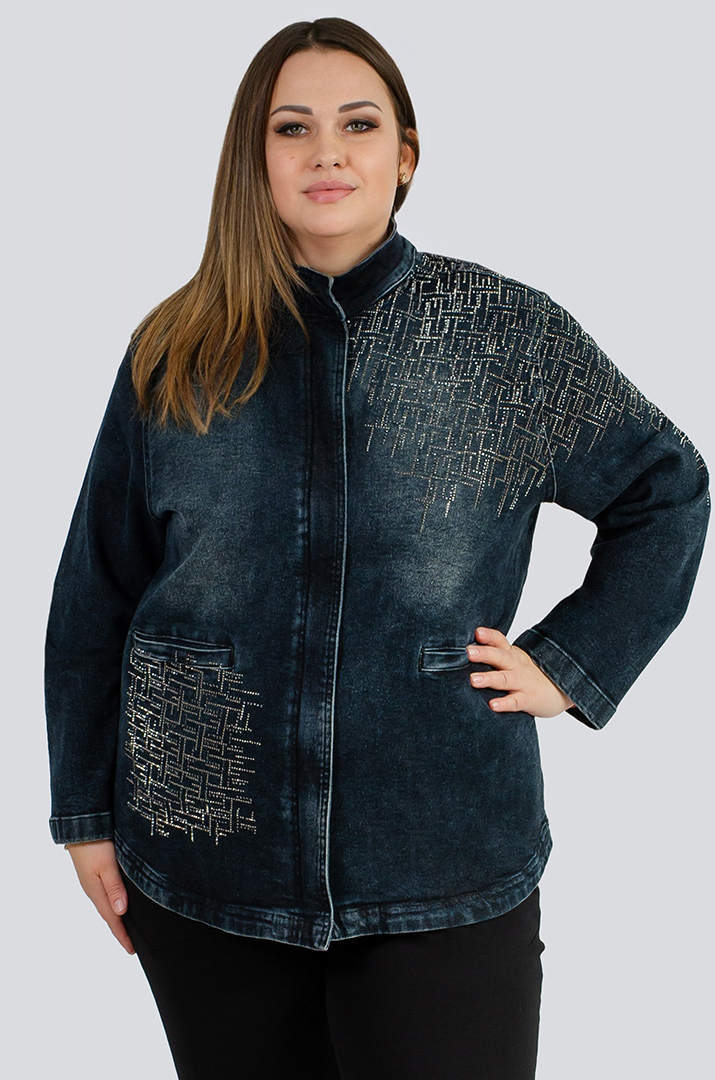 Куртка джинсова з блискавкою та стразами великих розмірів