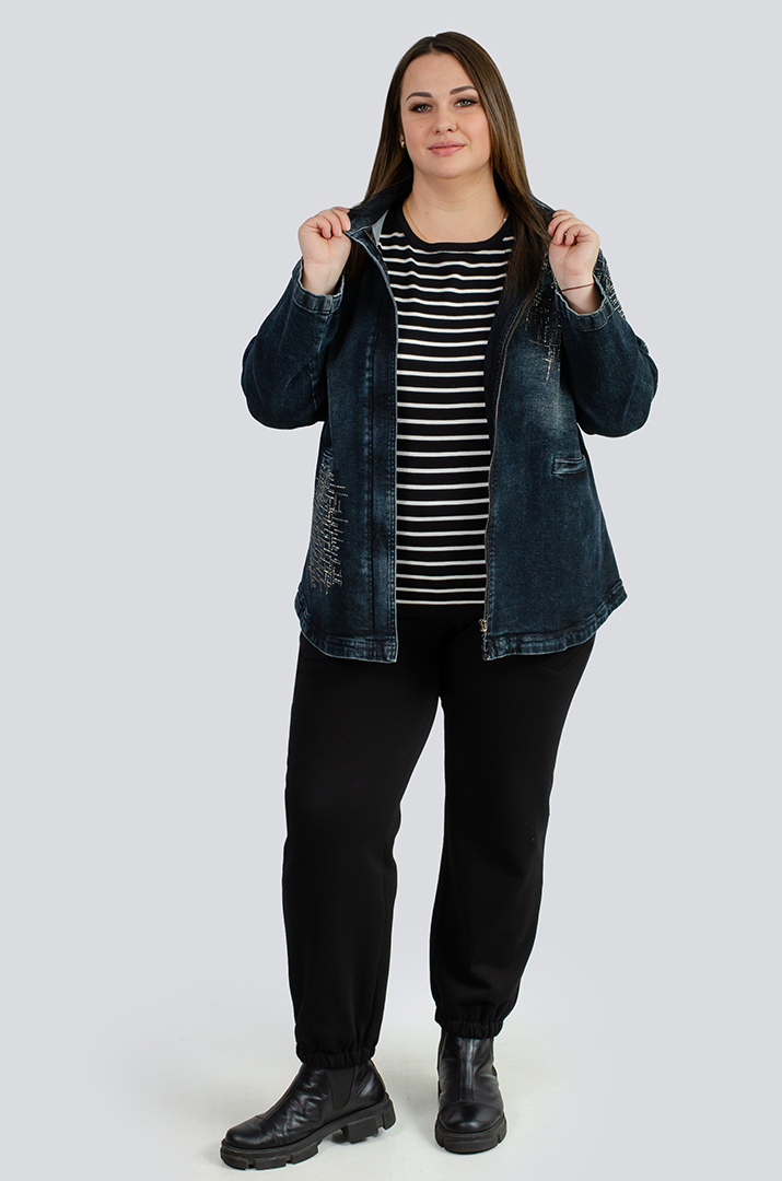 Куртка джинсова з блискавкою та стразами великих розмірів