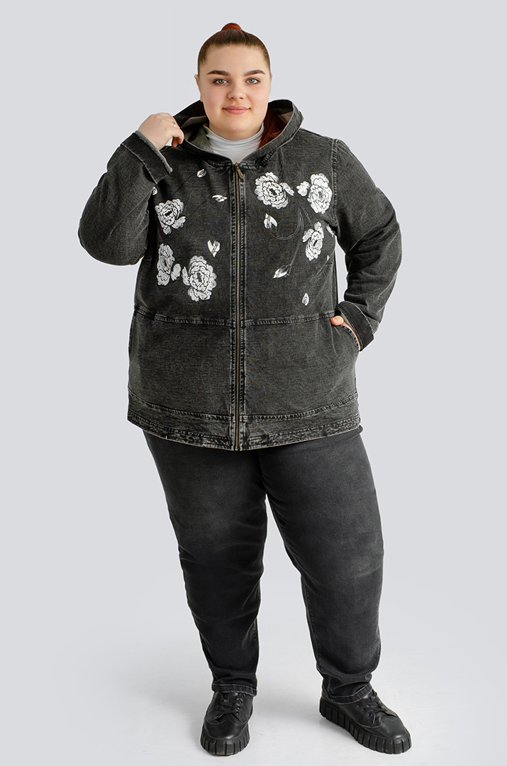Куртка джинсова з квітковим принтом великих розмірів