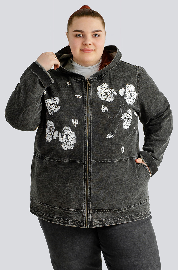Куртка джинсова з квітковим принтом великих розмірів