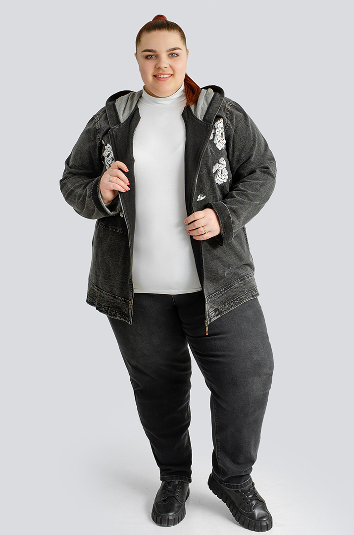 Куртка джинсова з квітковим принтом великих розмірів