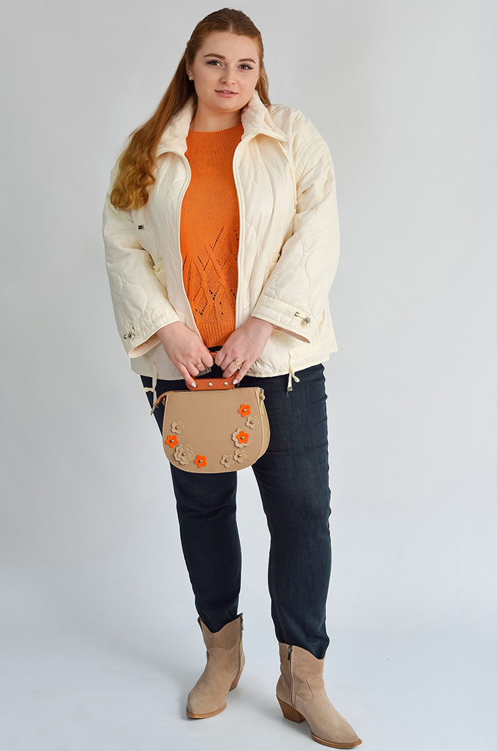 Двостороння куртка кремового кольору з екохутром та плащівкою великих  розмірів