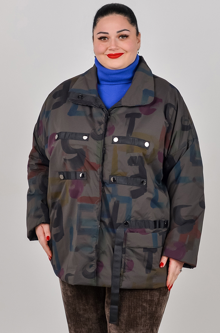 Куртка на кнопках в графітовому відтінку з кольоровими акцентами великих розмірів