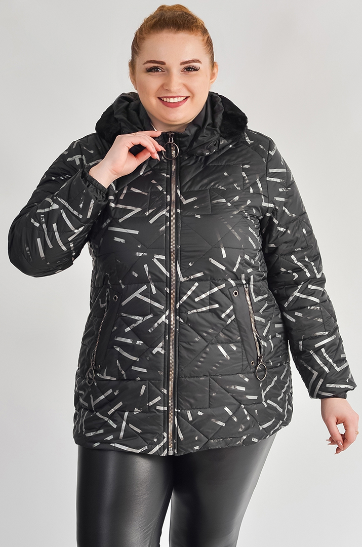 Чорна куртка з сірим геометричним малюнком великих розмірів